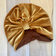 Load image into Gallery viewer, Pull On Gold Velvet & Brown Reversible Turban