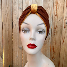 Load image into Gallery viewer, Pull On Gold Velvet & Brown Reversible Turban