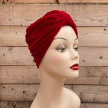 Load image into Gallery viewer, Pull On Blue Satin & Red Velvet Reversible Turban