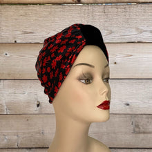 Load image into Gallery viewer, Pull On Black Velvet & Red Satin Floral Reversible Turban