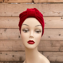 Load image into Gallery viewer, Pull On Blue Satin & Red Velvet Reversible Turban