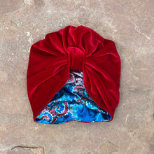 Load image into Gallery viewer, Pull On Blue Satin & Red Velvet Reversible Turban