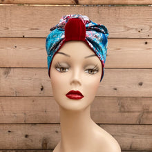 Load image into Gallery viewer, Pull On Blue Satin & Red Velvet Reversible Turban