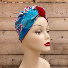 Load image into Gallery viewer, Pull On Blue Satin & Red Velvet Reversible Turban