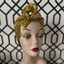 Load image into Gallery viewer, Holiday Gold Lame Long Tie Turban
