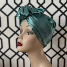 Load image into Gallery viewer, Holiday Teal Satin Long Tie Turban
