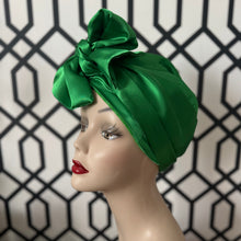 Load image into Gallery viewer, Holiday Green Satin Long Tie Turban
