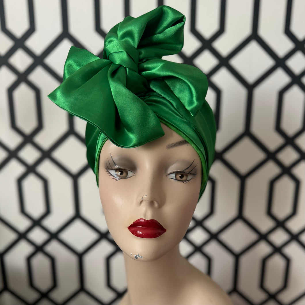 Holiday Green Satin Long Tie Turban