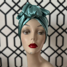 Load image into Gallery viewer, Holiday Teal Satin Long Tie Turban
