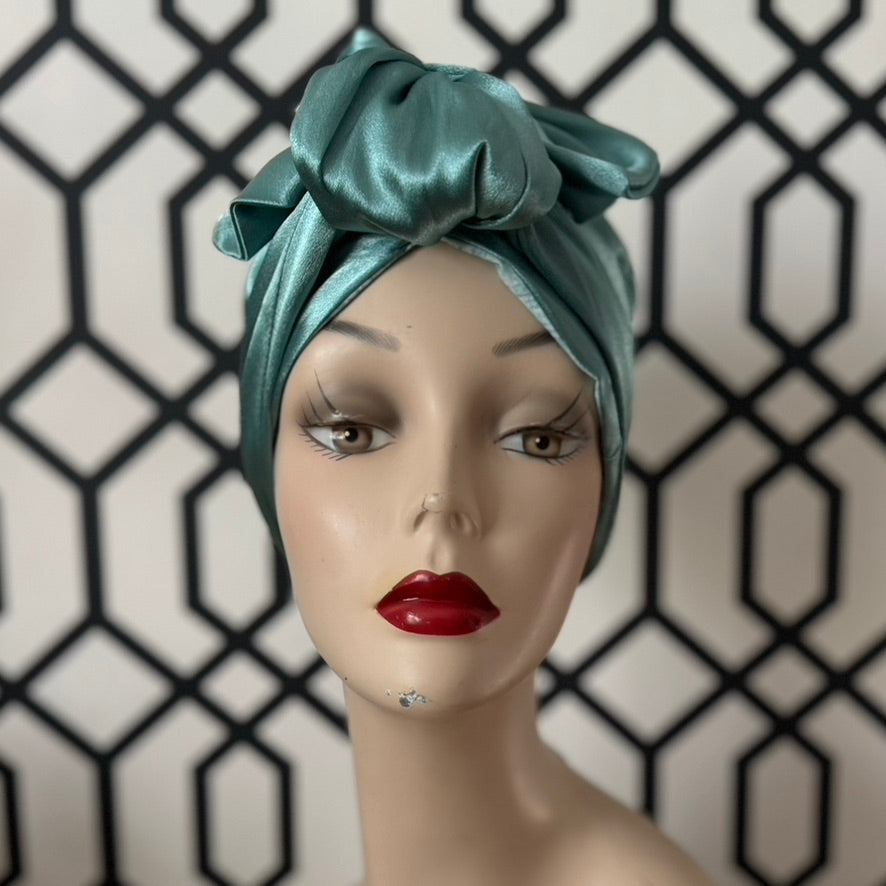 Holiday Teal Satin Long Tie Turban