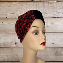Load image into Gallery viewer, Black Velvet &amp; Red Satin Floral Turban
