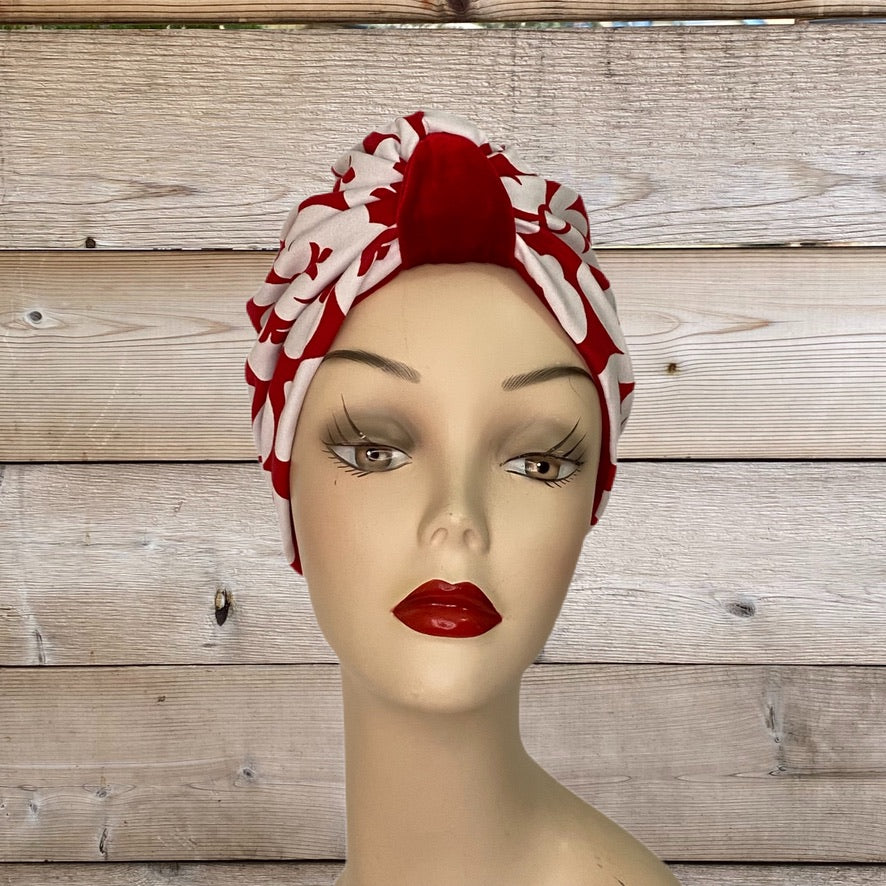 Pull On Floral Print & Red Velvet Reversible Turban