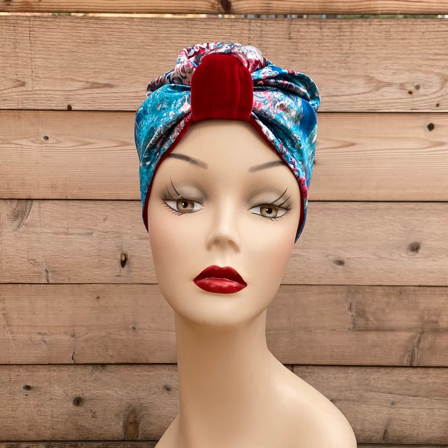 Pull On Blue Satin & Red Velvet Reversible Turban