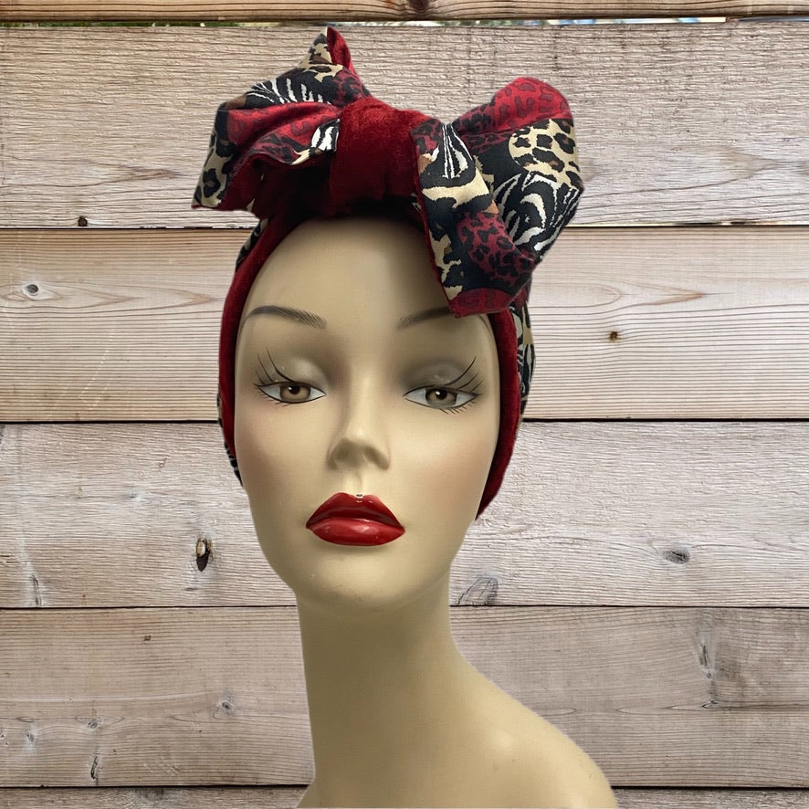 Animal Print Satin & Red Velvet Long Tie Reversible Turban