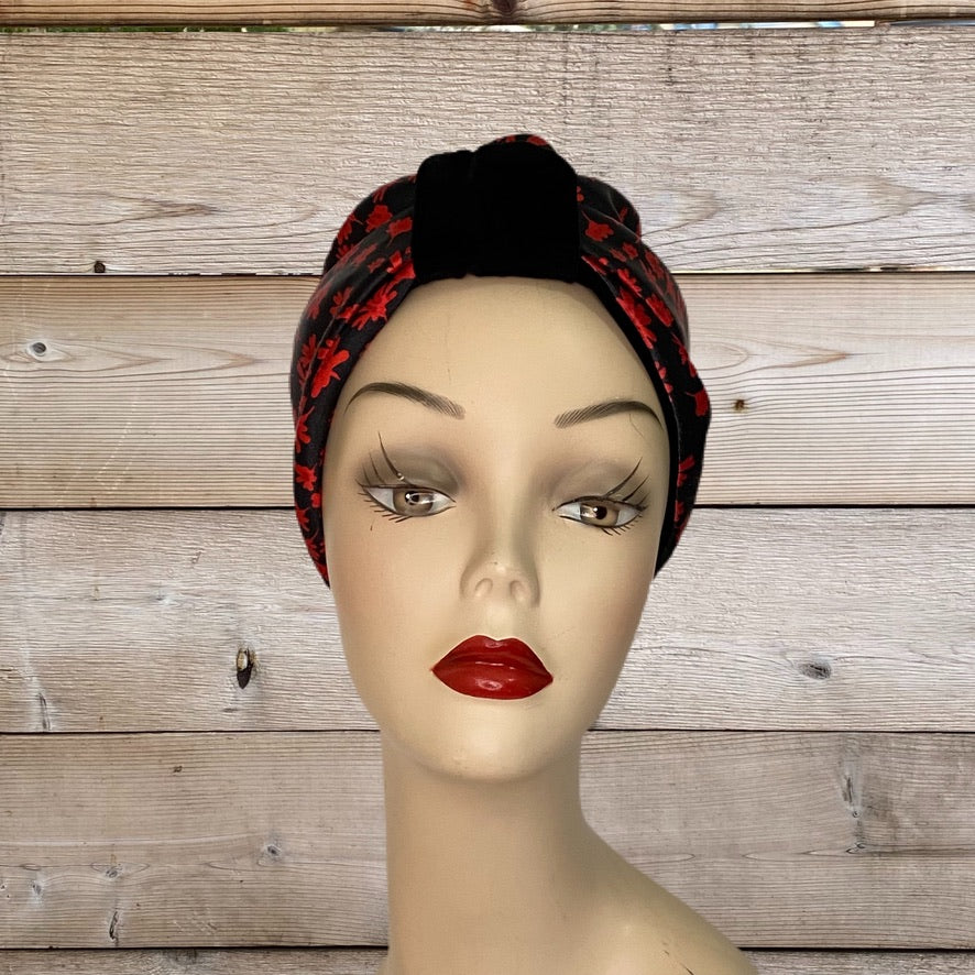 Pull On Black Velvet & Red Satin Floral Reversible Turban