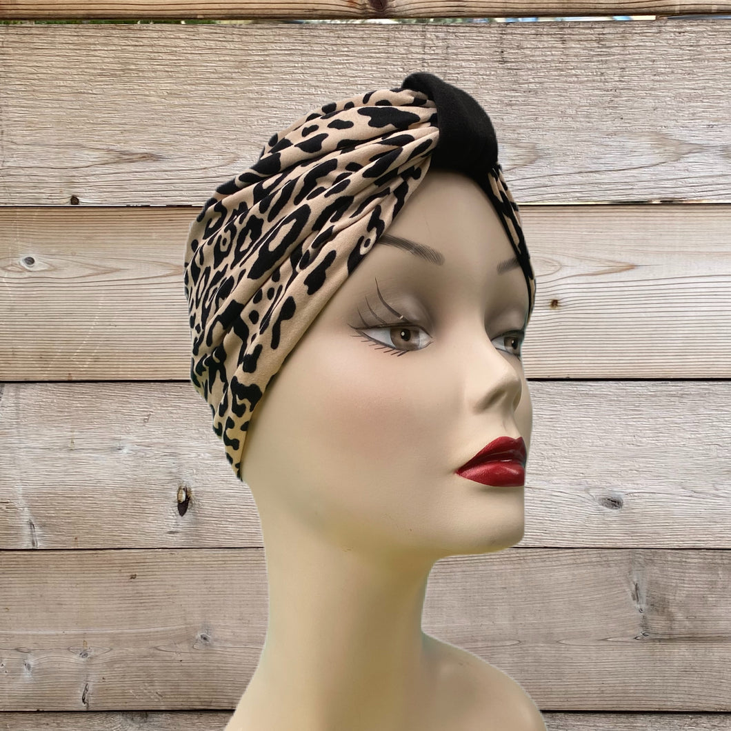 Pull On Black & Leopard Print Turban